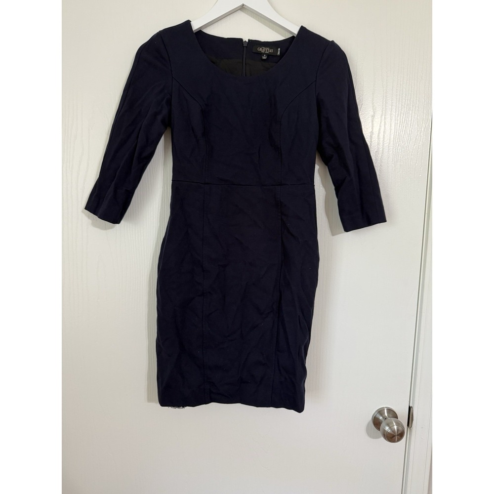 Project Gravitas Size 0 Lined Navy Dress 3/4 Sleeve Round Neck Back Zipper